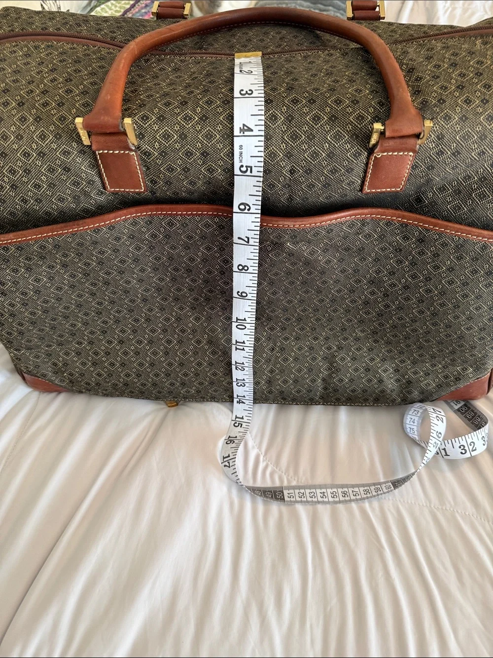 Patterned Brown Travel Duffel with Tan Leather Trim